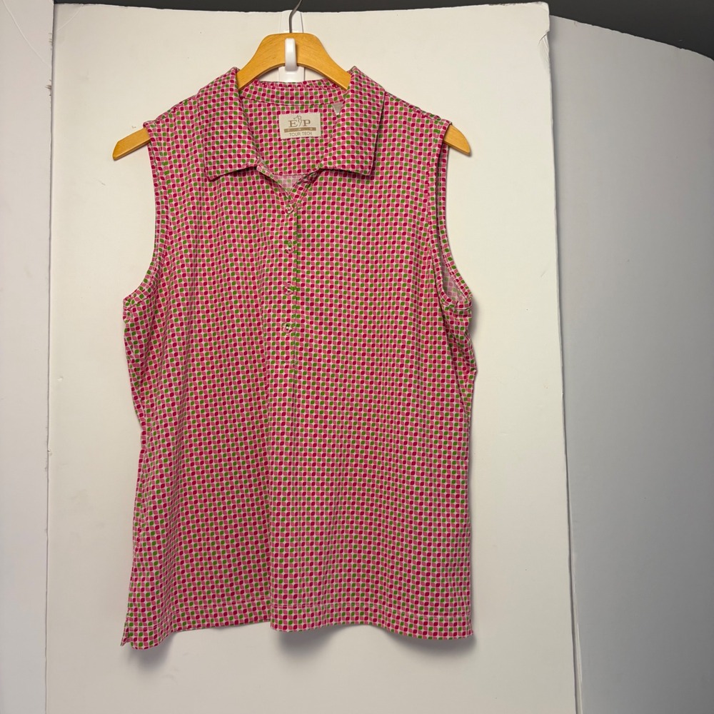EP Pro‎ Tour Tech Womens Pink Green Geometric Sleeveless Golf Polo Top Large